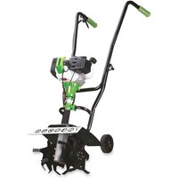 Black and green Handy THPMT 25cm 43cc petrol tiller with dual handles and rotating tines.