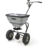 Gray Handy heavy-duty salt spreader with large black wheels and ergonomic handle, 32kg capacity.