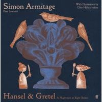 "Dark blue book cover with orange illustrations of birds, a vase, and two characters holding a knife and fork"