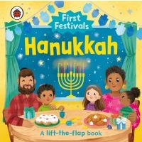 "First Festivals Hanukkah lift-the-flap book with menorah, family, and festive decorations on yellow background"