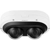 White Hanwha PNM-12082RVD dome IP security camera with dual lenses in a black housing for outdoor use.