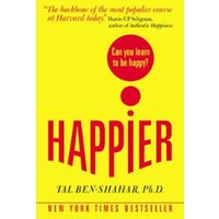 Yellow book cover titled "Happier" by Tal Ben-Shahar, Ph.D., with red text and circular design.