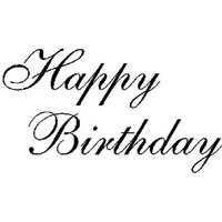 "Happy Birthday" rubber stamp with elegant cursive script in black ink, designed by Art Stamps.