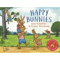 Children's book "Happy Bunnies" with illustrated bunnies playing in a grassy field, carrying instruments and toys.