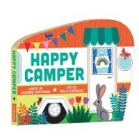 "Colorful board book shaped like a camper with a rabbit, plants, and a rainbow window design."