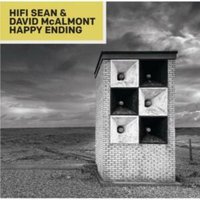 "Album cover 'Happy Ending' by Vinyl Castle, features a brick structure with six square openings on a desolate landscape."