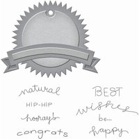 Silver badge-shaped die cut with ribbon banner, surrounded by words like "natural," "congrats," and "happy."