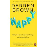 Yellow book cover titled "Happy" by Derren Brown, featuring blue balloon-style letters and Penguin logo.