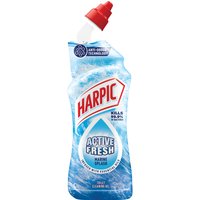 Harpic Active Fresh Marine Splash toilet gel, 750ml blue bottle with red angled nozzle and wave design label.