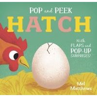 Children's book "Hatch" with a cracked egg on straw, a curious hen, and colorful text.