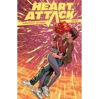 Comic book "Heart Attack" cover with couple kissing, vibrant explosion background, bold yellow title at top.