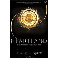 "Heartland book cover with golden circular emblem and swirling lines on black background, author Lucy Hounsom"
