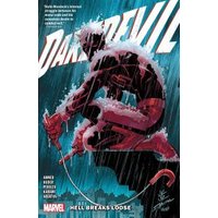 Comic book cover featuring Daredevil in rain, crouched with red suit and billy clubs, titled "Hell Breaks Loose".
