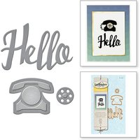 "Silver 'Hello' die-cut set with retro telephone design, includes script text and phone components for crafting."
