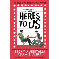 "Here's to Us book cover with two people sitting at a table, red border with white dots, by Becky Albertalli and Adam Silvera"