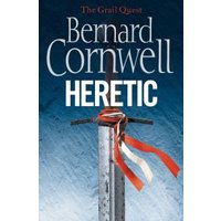 "Book cover of 'Heretic' by Bernard Cornwell, featuring a sword with red and white ribbons against a blue background"