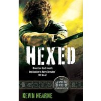 "Hexed book cover featuring a man with a sword, green and yellow background, and bold white title text."
