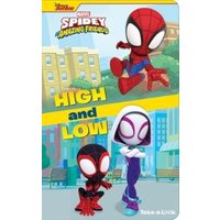 "Marvel Spidey and Friends book 'High and Low' with cartoon Spider-Man characters on colorful city background"
