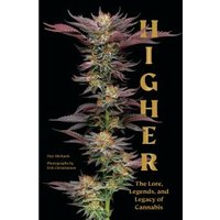 "Book titled 'Higher' with cannabis plant image, featuring purple and green leaves on a black background."