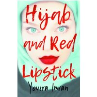 Book cover "Hijab and Red Lipstick" with bold red text over a woman's face in a green hijab.