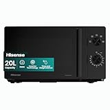Black Hisense 20L microwave oven with inverter technology, control dial, and digital display, freestanding design.