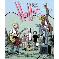 Comic book cover "Holler!" with illustrated band, guitars, and mountains in background.