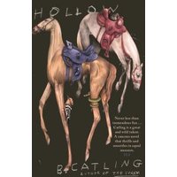 Book cover of "Hollow" featuring two surreal, elongated horses with colorful saddles on a dark background.