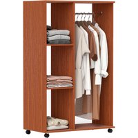 Walnut open wardrobe with hanging rail, storage shelves, and wheels, featuring folded clothes and hanging garments.