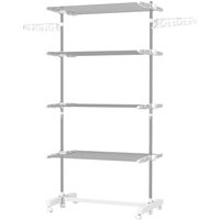HOMCOM folding garment rack with four adjustable shelves, metal frame, and wheels for mobility.