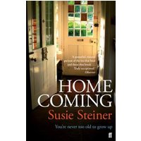 Book cover of "Homecoming" by Susie Steiner, featuring an open door with sunlight streaming into a cozy room.