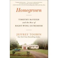 "Book titled 'Homegrown' by Jeffrey Toobin, features a house and trees on the cover with a cloudy sky background."