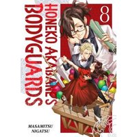 Manga cover "Honeko Akabane's Bodyguards 8" with three characters in dynamic poses, red and white background.