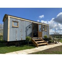 Blue corrugated metal tiny house with wooden trim, steps, and wheels, set in a grassy area with a clear sky.