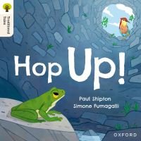 "Children's book 'Hop Up!' with a green frog in a well, bird above, illustrated by Paul Shipton and Simone Furmagnalli"