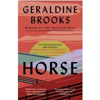 "Book titled 'Horse' by Geraldine Brooks, red cover with abstract landscape and sunset design"