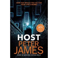 "Host book by Peter James, dark alley cover with glowing windows and orange text, over 20 million copies sold"