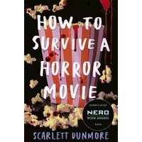 "Book titled 'How to Survive a Horror Movie' with popcorn bucket design and blood splatters on black background"