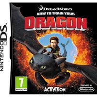 Nintendo DS game "How To Train Your Dragon" with character riding a dragon through a fiery ring.