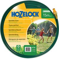 Green Hozelock 15M sprinkler hose with yellow connector, coiled in packaging featuring playful children and garden scene.
