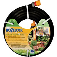 Black Hozelock porous soaker hose, 10m length, 12.5mm diameter, coiled with orange connector and green label.