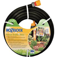 Black Hozelock porous soaker hose, 25m length, 12.5mm diameter, coiled with yellow connector and green label.