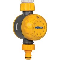 Yellow Hozelock 120 Minute Count Down Water Timer with gray dial, hose connector, and adjustable settings.
