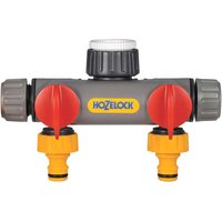 Gray Hozelock 2 Way Threaded Tap Hose Pipe Connector with red levers and yellow hose fittings.