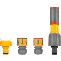 Hozelock 3in1 Nozzle Plus Starter Set with yellow and gray hose connectors and adjustable spray nozzle.