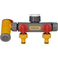 Gray and yellow Hozelock Flow Max 2 Way Tap Connector with red knobs and threaded hose connectors.