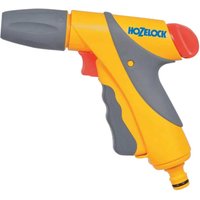 Yellow and gray Hozelock Jet Plus water spray gun with ergonomic grip and adjustable nozzle.
