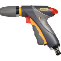 Gray and yellow Hozelock Jet Pro II water spray gun with ergonomic grip and adjustable nozzle.