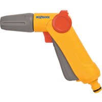 Yellow and gray Hozelock Jet Water Spray Gun with red trigger and ergonomic handle.