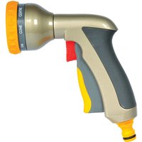 Beige and gray Hozelock Metal Multi Plus Water Spray Gun with orange nozzle and ergonomic grip.