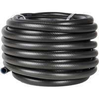Black Hozelock flexible hose pipe, coiled with textured surface and blue connector tip.